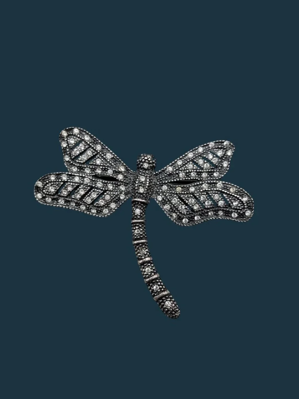 Vintage Art Deco Silvertone Marcasite Rhinestone Dragonfly Brooch Black Metal